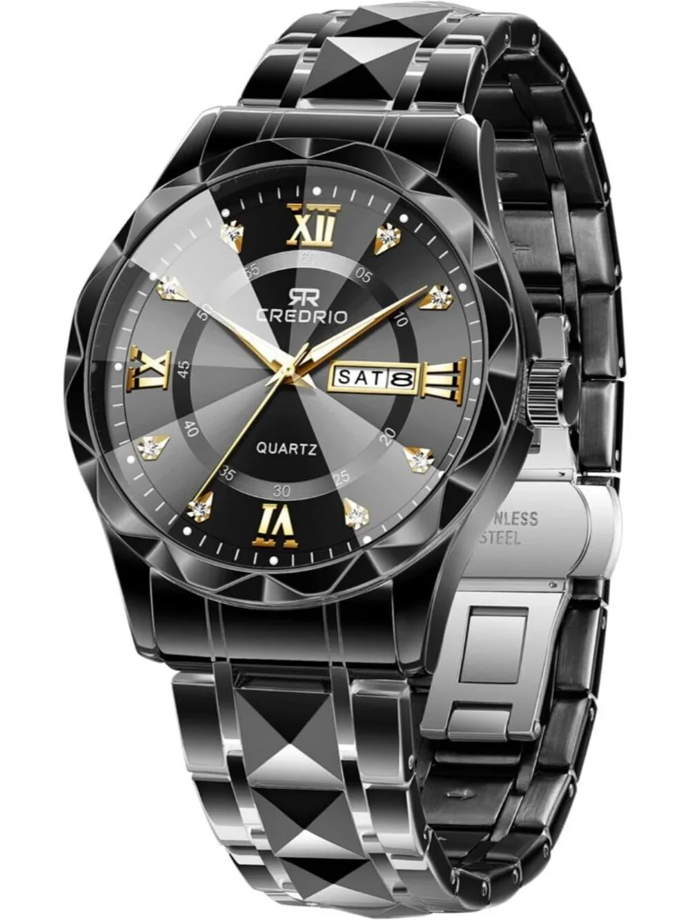 Mens Black Stainless Steel Waterproof Diamond Analog Quartz Luminous Wrist Watch
